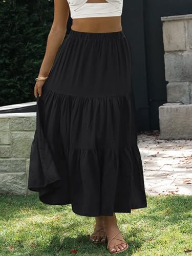 Women Summer Tiered Maxi Skirt Elastic High Waist A Line Boho Beach Dress Pleated Flowy Swing Long Skirts3