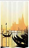 ABAKUHAUS Venedig Schmaler Duschvorhang, Romantische Stadt bei Sonnenaufgang, Badezimmer Deko Set aus Stoff mit Haken, 120 x 180 cm, Senf & Schwarz