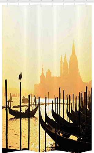 ABAKUHAUS Venedig Schmaler Duschvorhang, Romantische Stadt bei Sonnenaufgang, Badezimmer Deko Set aus Stoff mit Haken, 120 x 180 cm, Senf & Schwarz