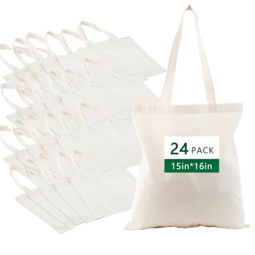 Zenloria 24 Pack Natural Canvas Cotton Tote Bags 15x16 – Heavy-Duty Reusable Canvas Totes for Crafts, Screen Printing, Painting, Events