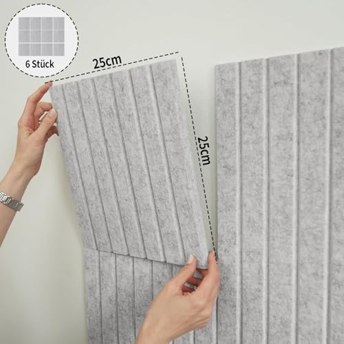 Filz Pinnwand 75×50 cm – selbstklebend & bohrfrei, Set aus 6 grauen Filzplatten, Korktafel-Alternative inkl. 20 Pinnnadeln, Memoboard & Fotowand für Büro, Kinderzimmer & Zuhause