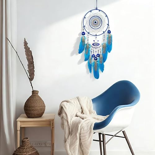 Blue Evil Eye Dream Catcher Handmade Feather Evil Eye Dream Catchers Dream Catchers for Adults,Nazar Amulet Wall Hanging Home Protection and Blessing Decor (Blue Evil Eye Dream) - Image 5