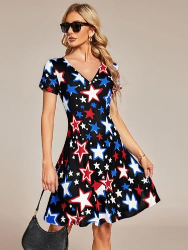 Image of LUKYCILD American Flag Dress Women 4th of July Patriotic Shirt USA Stars Stripes Dresses Sexy V- Neck Summer Sundress