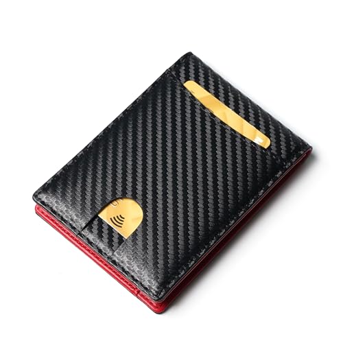 Image of Slim Bifold Wallet for man with Money Clip - RFID Blocking, Multiple Credit Card Pockets - Sleek and Versatile Design - Genuine Leather - Ideal for Cash and Cards (Carbon Fiber Black - Red)