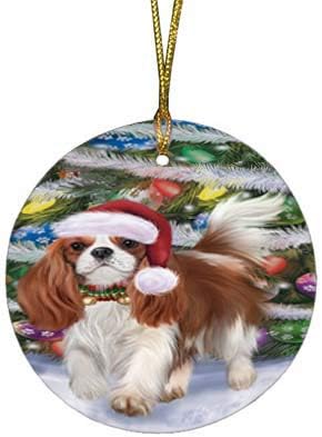 Express Delivery Red Truck Running Cavalier King Charles Spaniel Dogs Round Flat Ornament - Pet Decorative Hanging Ornaments for Christmas X-mas Tree Decorations - 2.75" Round Christmas Ornament