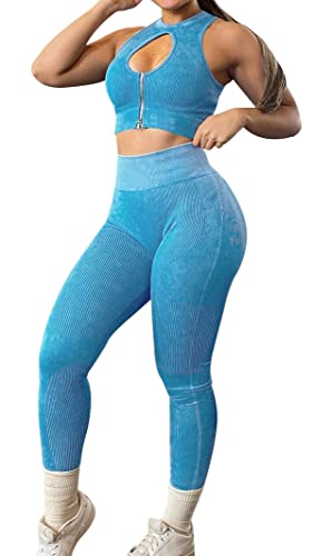 Olchee Womens Workout Sets 2 Piece - Seamless Ribbed Acid Wash Yoga Outfits Leggings And Keyhole Zip Crop Top Bra Gym Clothes - Blue Medium #TOP15