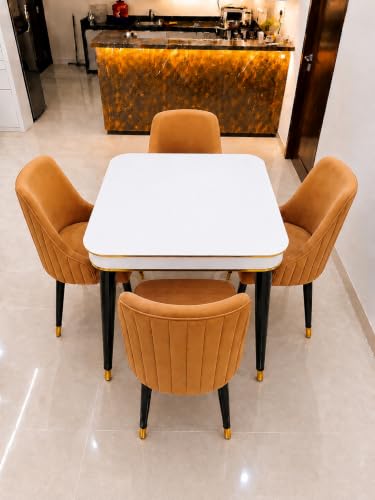 Image of WOODEN SPACE 4 Seater Wooden Dining Table Set | Urban Marble Top Dining Table with Chairs for Dining Room & Kitchen (Modern Infinity Backline Mustard) (42 x 42 x 30 inch)