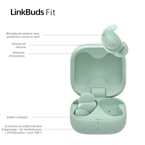 Sony LinkBuds Fit - Ecouteurs Bluetooth sans Fil à réduction de Bruit - Confortables, IPX4, Hi-Res Audio, Mode Ambient Sound, 21h d'autonomie, Connexion multipoint, iOS et Android - Vert
