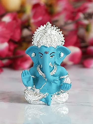 Image of eCraftIndia Silver Plated Blue Polyresin Lord Ganesha Idol for Home, Temple, Office, and Car Dashboard - Perfect God Idol for Diwali, Ganesh Chaturthi, and Hindu Festivals, Ideal for Gift Giving