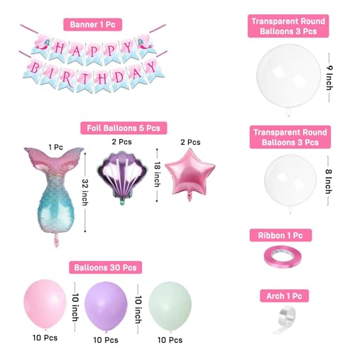 Image of Party Propz Mermaid Theme Birthday Decorations Kit for Girls - 44 Pcs, Mermaid Balloons for Birthday, Transparent Round Balloons with Foil Balloons, Happy Birthday Decoration Kit for Girls (Cardstock)