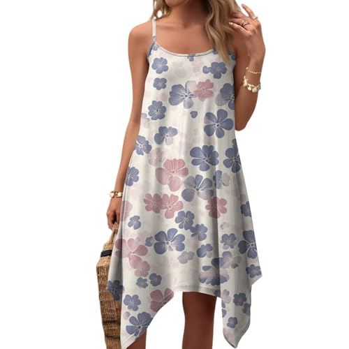 Generisch Sommerkleid Damen Boho Spaghettiträger Trägerkleid Sexy Ärmellos Strandkleid Blumen Minikleid Kurz Freizeitkleid Beige M