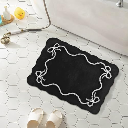 Mocsicka Black Bow Bath Mat Cute Bow Bathroom Rug Super Soft Absorbent Bathroom Rugs Non Slip Bath Mat Machine Washable Rug for Bathrooms 16x24 inches (Black, 40x60cm)