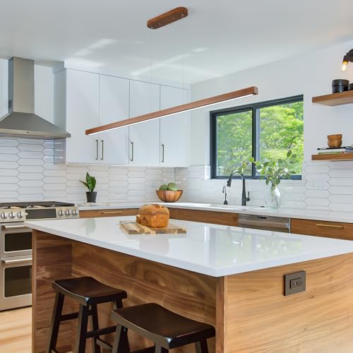 Image of 71 inch Walnut Wood Linear Pendant Light Dimmable LED Chandelier 40w Remote Adjustable Hanging Height Modern Farmhouse Minimalist Fixture for Kitchen Island Dining Room & Bar