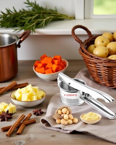 Image of CAMDEN Stainless Steel Potato Masher Polish, Soft Grip, Attractive Design, Ideal for Mashing Vegetables and Pressing Paratha, Chapati - Silver, 7x15 cm, 152g