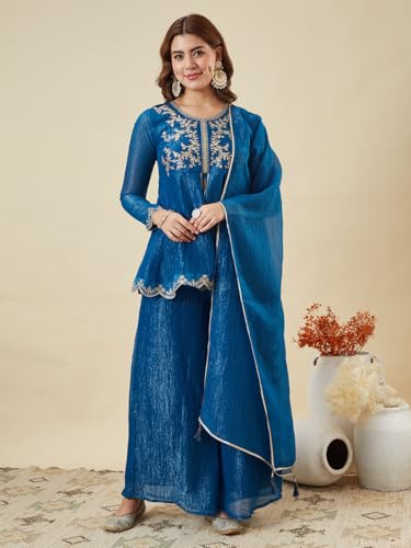 Image of MOKOSH Women's Silk Embroidered Peplum Kurta Sharara with Dupatta | Kurta Set | Ethnic Wear |Round Neck Full Sleeve Kurta | 3 Piece Outfit |Embroidered