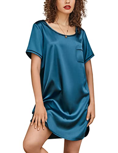 Ekouaer Women's Satin Sleepwear Silk Loose Nightgown Scoop Neck T Shirt Dress Sexy Short Sleeve Night Dress Blue Green Medium