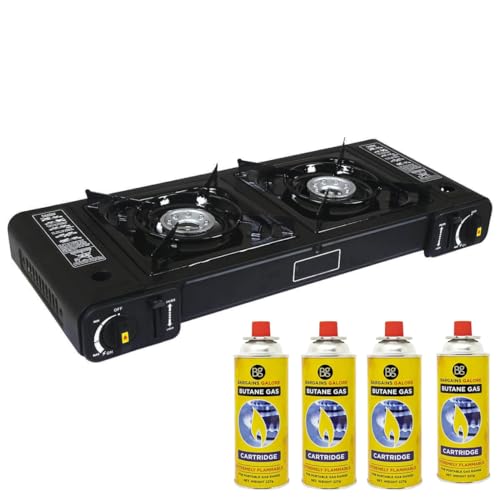 Portable Double Gas Cooker Stove + 4 Butane Gas Bottles Canisters - For Outdoor Camping, Fishing, Caravan & BBQ | Premium Burner, Automatic Ignition & Heater Control, EN417 Compliant - Black Grill
