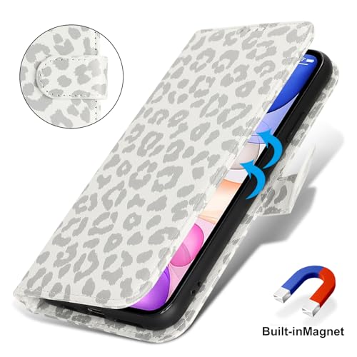 Image of for iPhone 11 Case Wallet with Card Holder,for iPhone 11 Wallet Case for Women Men,PU Leather Shockproof Magnetic Buckle Stand Flip Phone Case-White Leopard