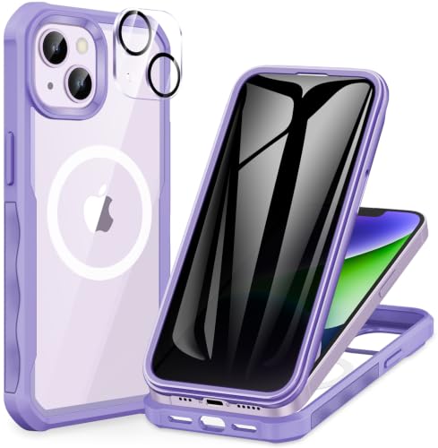 CENHUFO Privacy for iPhone 14 Plus Case, Full Body Phone Case with Built-in 9H Tempered Glass Privacy Screen Protector and Camera Lens Protector, Anti Peep Shockproof Bumper Clear Cover - Purple