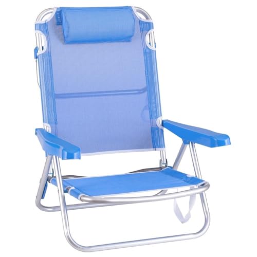 LOLAhome Silla Playa Plegable | Ligera Portátil | Baja y Reclinable de 4 Posiciones con cojín | para Camping, Piscina, Terraza o Jardín Azul