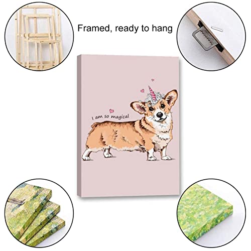 Framed Canvas Wall Art Welsh Corgi Dog With A Pink Unicorn Horn And Chamomile Flowers Oil Painting Artwork Picture Posters Wall Decor For Living Room Bedroom Bathroom Office Home Decoration #TOP1