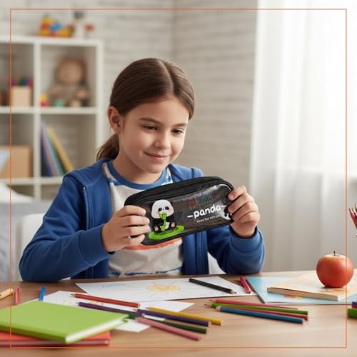 Image of Alokik Enterprise Cute Cartoon Pencil Pouch with Double Zipper & Transparent Window, Large Capacity Fabric Pen Case for School, Office, Students, Kids & Teens (Panda Have Fun with You Black Pouch)