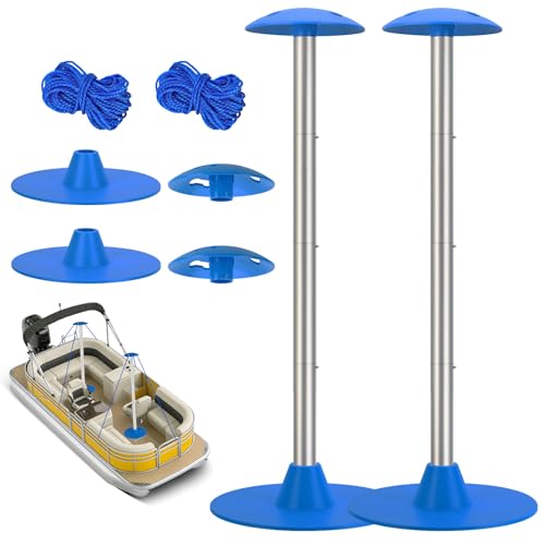 Tuszom Boat Cover Support Pole Systems with Anti-UV PE Ropes & 9 ABS Base Highly Stable Windproof Support Pole - Adjustable 1-1/8 in Diameter for V-Hull/Pontoon/Jon Boat Cover (Blue 2 Pack)