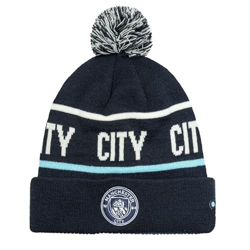 Image of MANCHESTER CITY Crest Bobble Hat Licensed Man City MCFC Beyond The Noise Winter Knit Beanie, Navy Blue, One Size