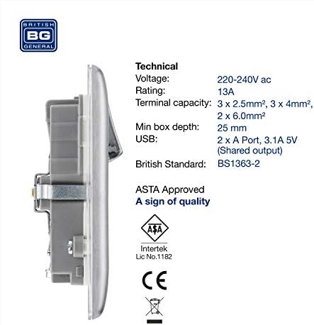 BG nbs22u3w Electrical Double Switched Fast Power Socket with Two USB Charging Ports, 13 Amp, Brushed Steel, Label 1