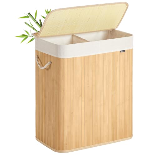 SONGMICS Panier à Linge 100 L, Corbeille Linge Sale 2 Compartiments de Tri, Couvercle, en Bambou, Poignées, Pliable, Sac Amovible Lavable en Machine, pour Buanderie, Chambre, Couleur Boisée LCB074Y01