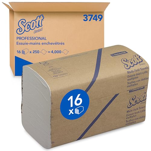 Scott Essential Essuie-mains 3749, Essuie-mains en papier pliés en V, Blanc, Haute Absorption, Doux, Résistants, Écoresponsables, 16 Clips x 250 Feuilles...