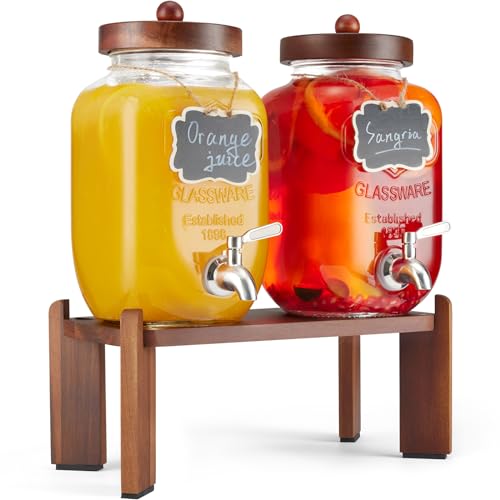 2PCS Glass Drink Dispenser with Wood Stand,1 Gallon...