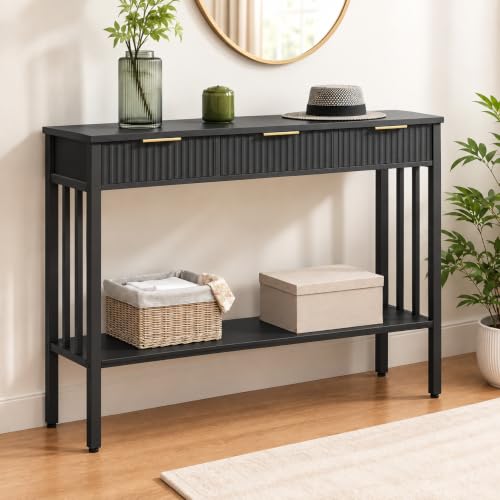 Image of MAHANCRIS 47.2" Console Table with 3 Drawers, Fluted Black Entryway Table