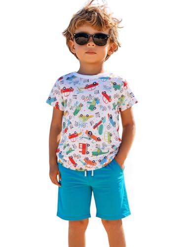 Image of HILEELANG Toddler Boy Summer Short Clothes Sets Cotton Crewneck Tees Shorts Pocket Adjustable Knite Shorts Playwear Sets