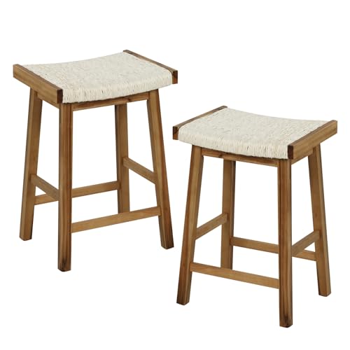 Butacos de bar GOFLAME, juego de 2 unidades, altura de mostrador (25,5 pulgadas), asiento tejido en pasto marino, estructura de madera maciza y reposapiés, butacos sin respaldo para cocina y comedor miniatura 1