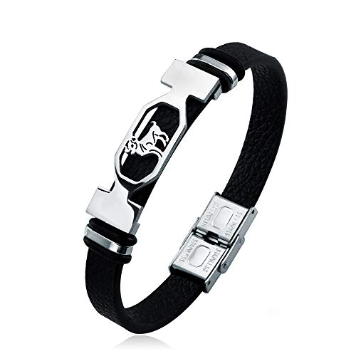 Mens Bracelets Fashion 12 Zodiac Signs Constellations Stainless Steel Personality Vintage Punk Black Leather Bracelets for Men Women (Aries)