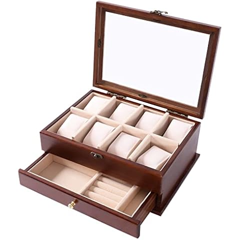 SHZICMY 8 Slot Wood Watch Box with Valet Drawer, Vintage Watch Case Display Organizer with Pillows, Soft Flocked Fabric Liner, 2-Tier Jewelry Organizer Watches Holder With Large Glass Top(Brown) Cover