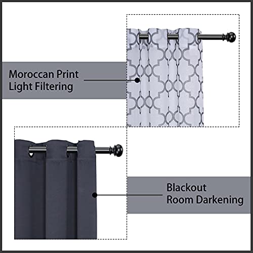 Bonzer Mix And Match Curtains - 2 Pieces Moroccan Print Sheer Curtains And 2 Pieces Blackout Curtains For Bedroom Living Room Grommet Window Drapes, 37X84 Inch/Panel, Dark Grey, Set Of 4 Panels #TOP1