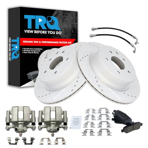 Image of TRQ Performance Rear Brake Pad and Rotor Set Ceramic Slotted Drilled G Coated Calipers Compatible with 2005 Infiniti G35 Nissan 350Z
