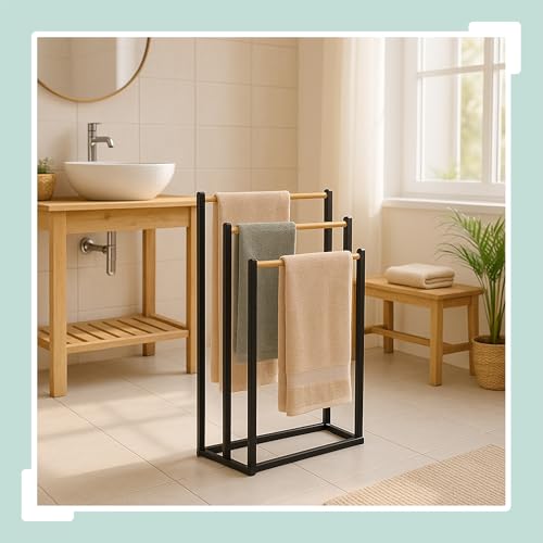 Relaxdays Toallero de pie, HBT: 76 x 45 x 21,5 cm, Metal, bambú, 3 Barras, baño, Negro/Natural - imagen 2