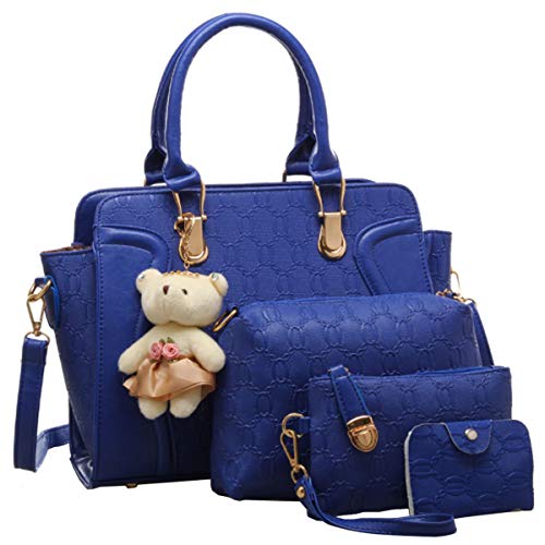 FiveloveTwoDamen 4Tlg. Handtaschen Set Umhängetasche Schultertasche Tasche PU Shopper Clutch Kartenhalter Geldbörse Tragetasche mit Bär Ornamente (Blue)