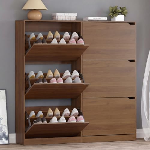 Image of BORNOON Shoe Cabinet with 6 Flip Drawers, Slim Narrow Shoe Storage Cabinet, Freestanding Shoe Organizer for Entryway, Hallway, Foyer