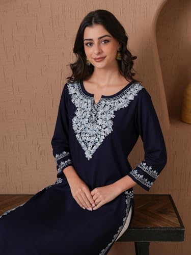 Image of QAZMI Women's Aari Embroidered Viscose Rayon 3 /4 Sleeves Keyhole Neck Straight Kurta
