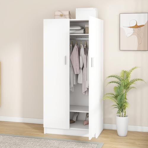 Panana U204 2 Door Wood Wardrobe Cabinet Closet With Hanging Rail And 2 Shelves, Bedroom Armoire thumb #5
