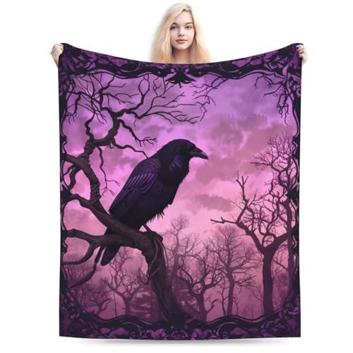 Qycazzw Gothic Raven Forest Blanket Gifts for Women Kids, Dark Purple Crow Theme Flannel Blankets, Warm Cozy Soft Throw for Bedroom, Camping, Couch, Decor 50x60 in