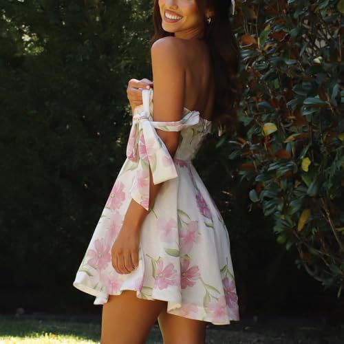 Image of Women Y2k Tie Shoulder Mini Dress Sleeveless Flowy Babydoll Dress Boho Floral Aline Short Sundress