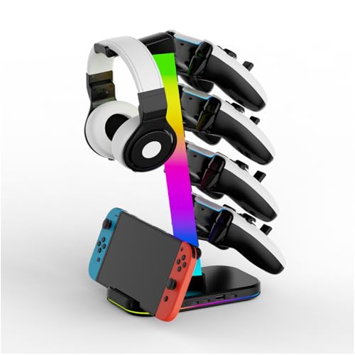 Padwa Gaming Controller & Headset Stand | Storage for 4 Controllers + 1 Headset + Smartphone | RGB Light | 3 Charging Ports (Type-C + USB-A)