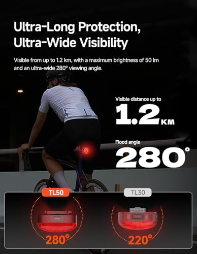 Image of iGPSPORT TL50 Smart Bike Tail Light, Brake Parking Warning Shimano Control Bluetooth Rechargeable Rear Bike Light