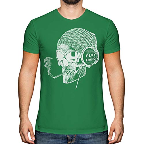 Image of Candymix Graphic Men's T-Shirt - Work Hard Play Hard: Smoking Skull Wearing Headphones - Premium Cotton Tee for Men, Short-Sleeve, Crew Neck, Contemporary Fashion Fit, X-Large, Colour Irish Green