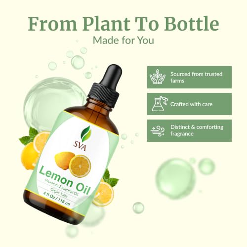 Image of SVA Lemon Essential Oil - 4 Fl Oz - for Diffuser, Skin & Hair Care - Ideal for Massage & DIY Blends - with Dropper